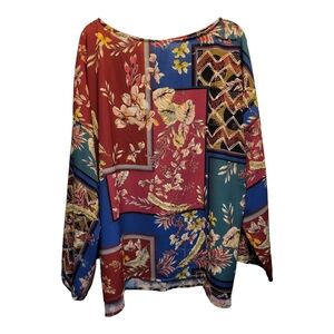 Suzanne Betro Multicolor Floral Patchwork Long Sleeve Tunic Blouse - Size XL
